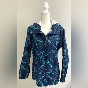 Merrell Womans L Navy Blue w/ Teal Green Geometric Line Pattern Wind Rain Jacket